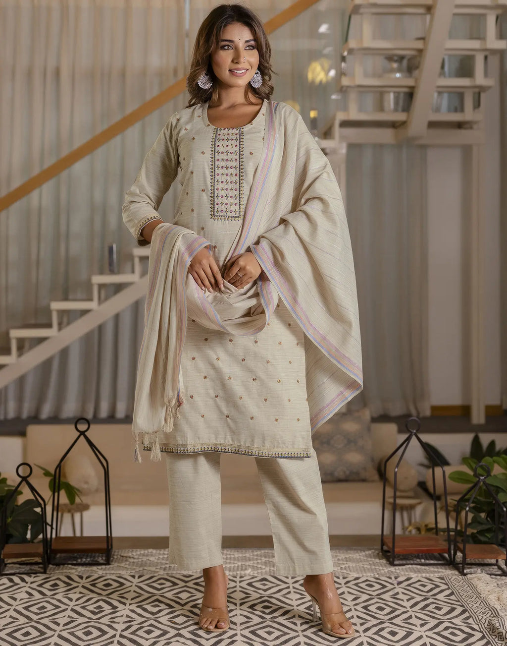 Cotton Woven Embroidered Straight 3 Piece Kurta Set