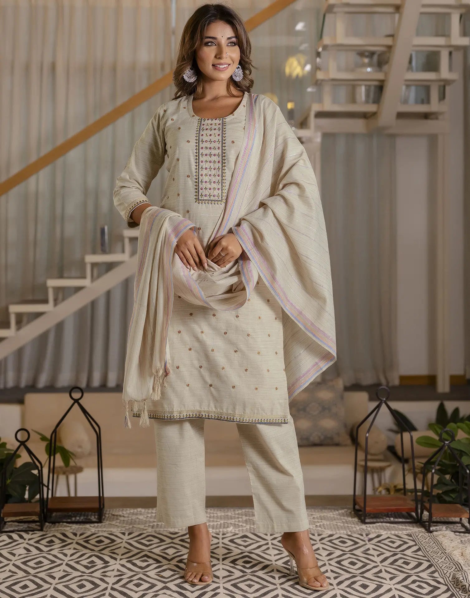 Cotton Woven Embroidered Straight 3 Piece Kurta Set
