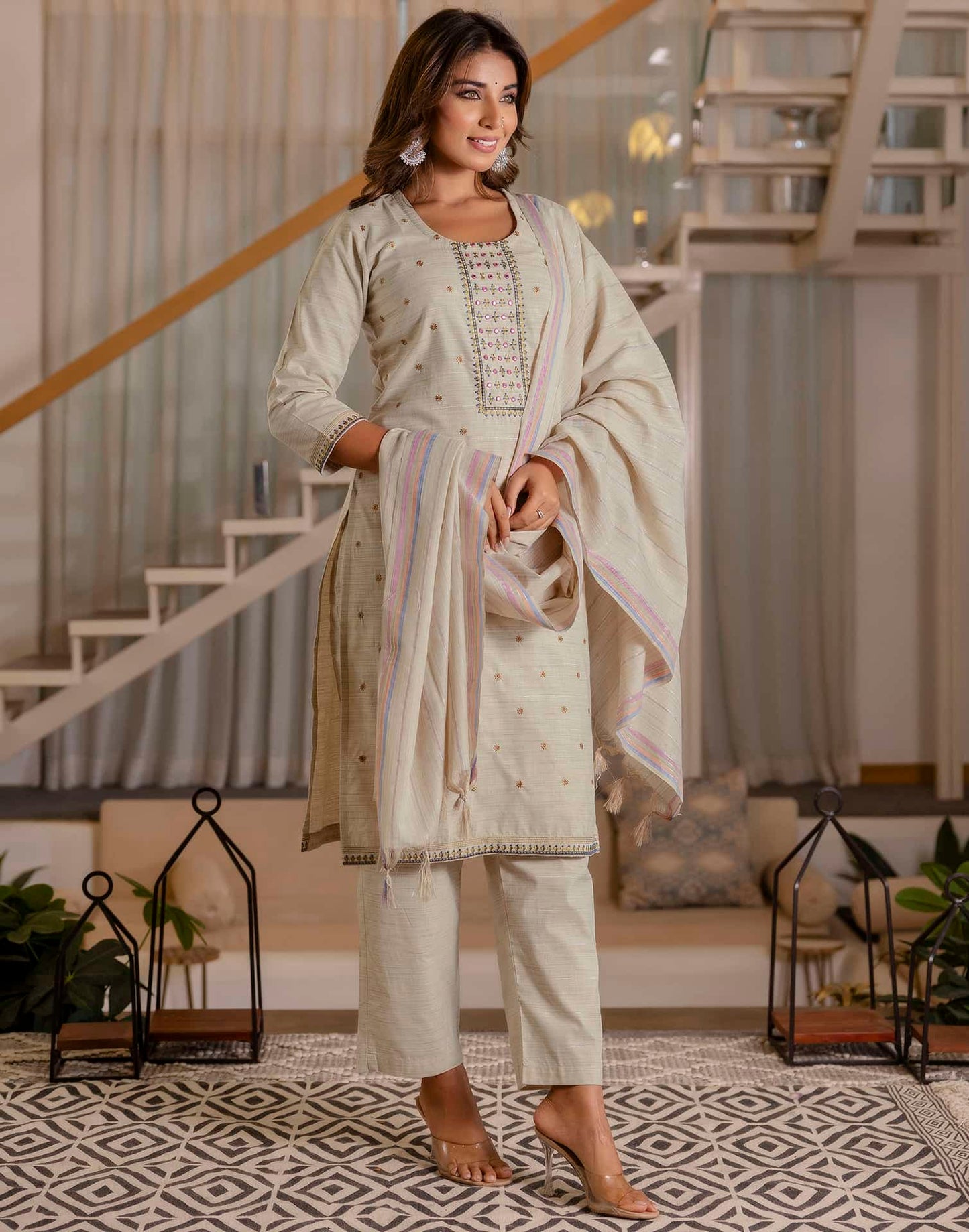 Cotton Weaving and Embroidery A-Line Kurta with Pant & Dupatta