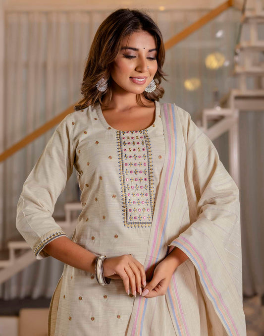 Cotton Weaving and Embroidery A-Line Kurta with Pant & Dupatta