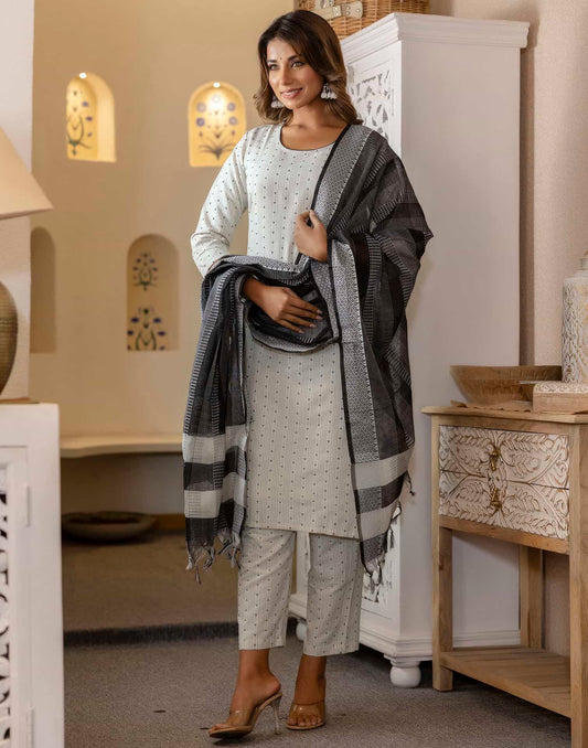 Cotton Weaving A-Line Kurta with Pant & Dupatta