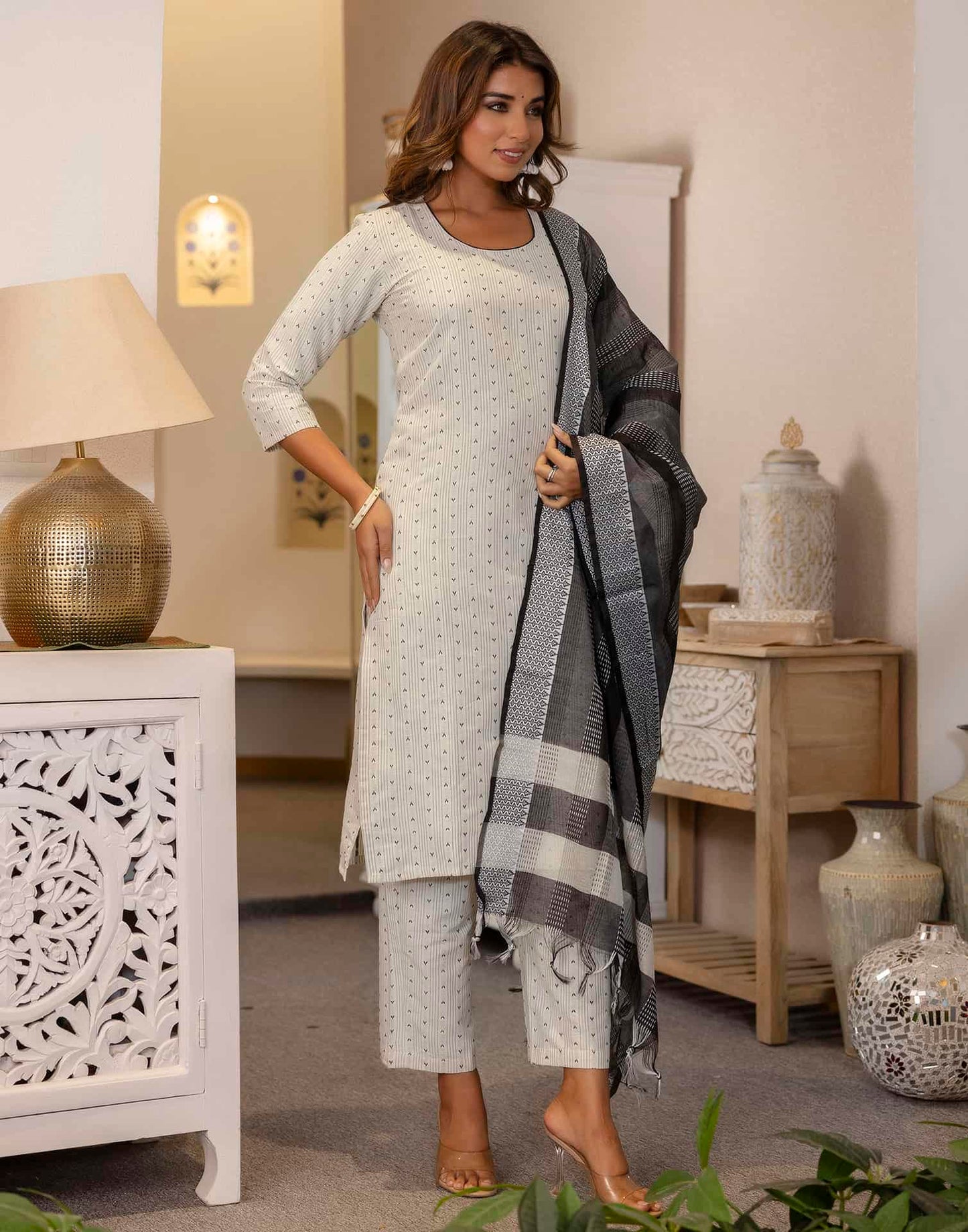 Cotton Weaving A-Line Kurta with Pant & Dupatta