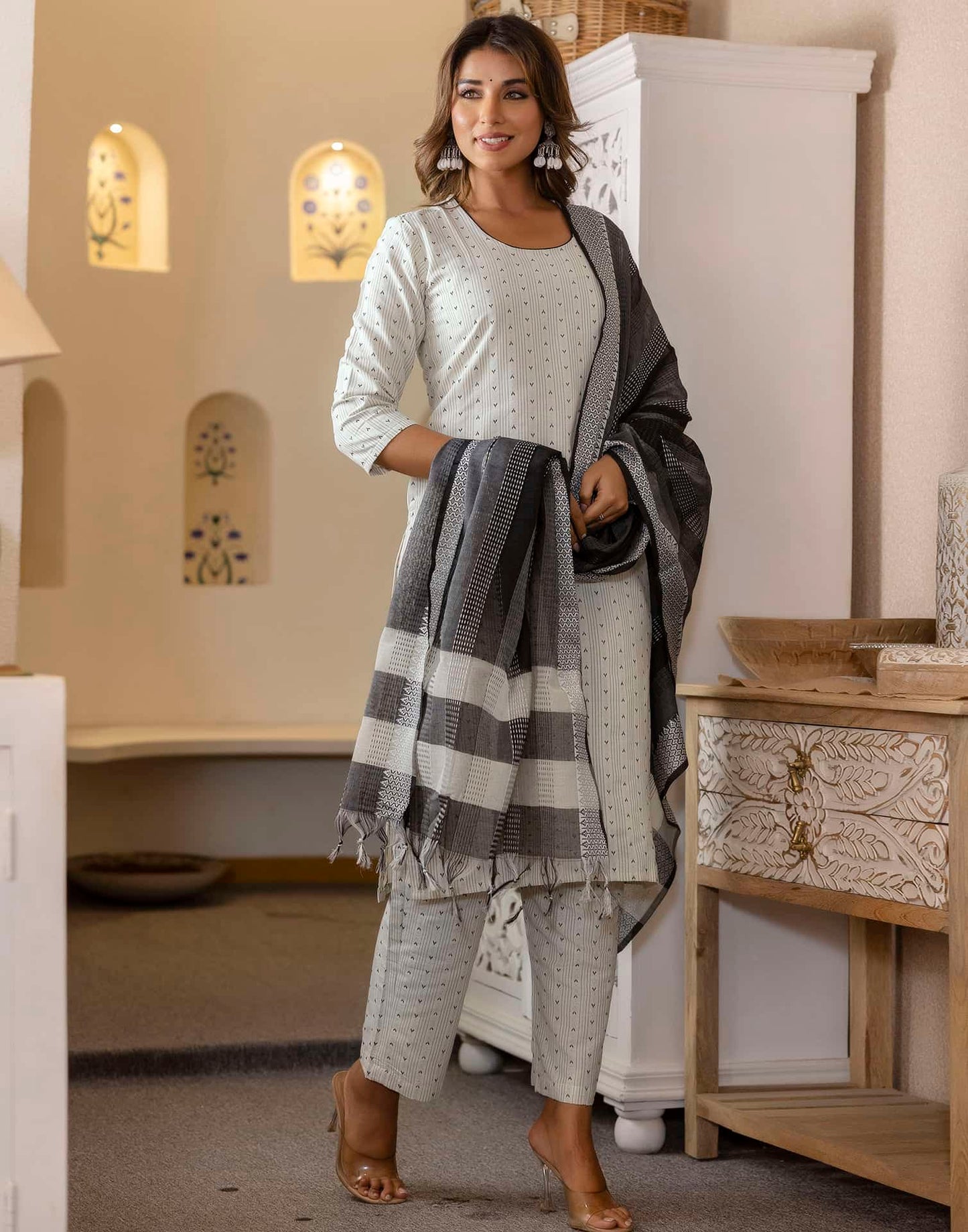Cotton Weaving A-Line Kurta with Pant & Dupatta