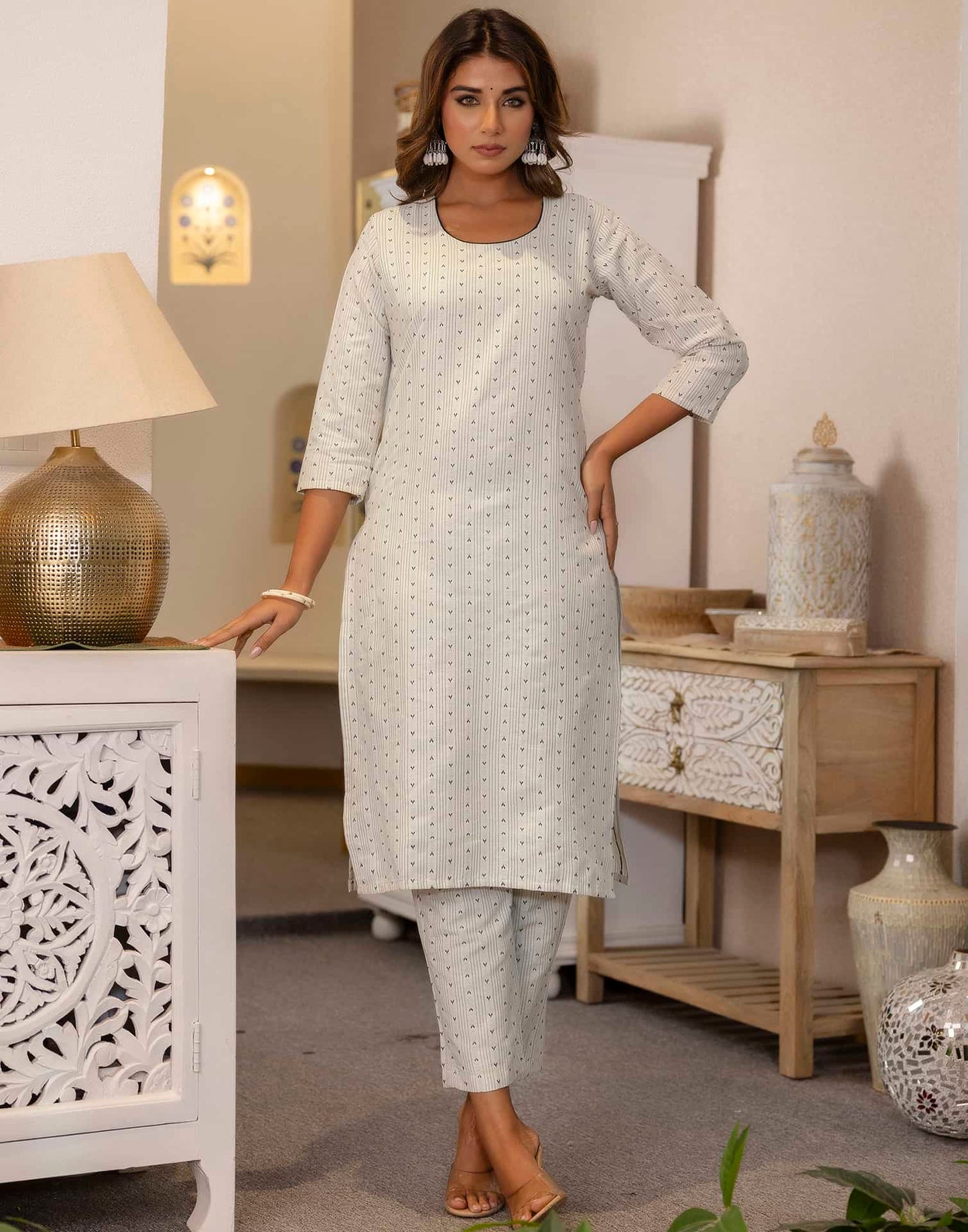 Cotton Weaving A-Line Kurta with Pant & Dupatta