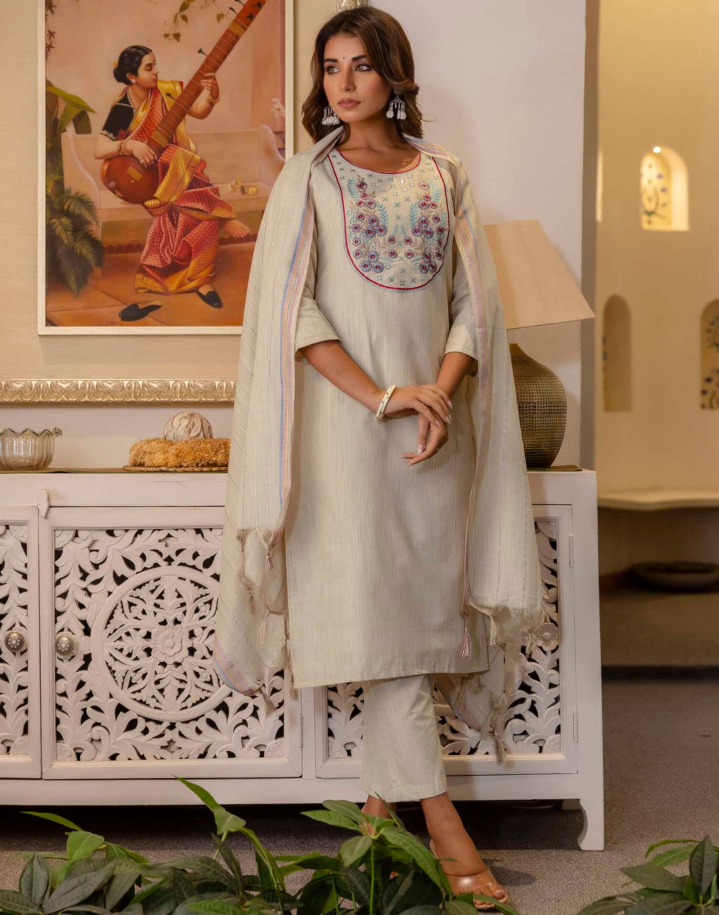 Cotton Woven Design Straight Kurta with Pant & Dupatta