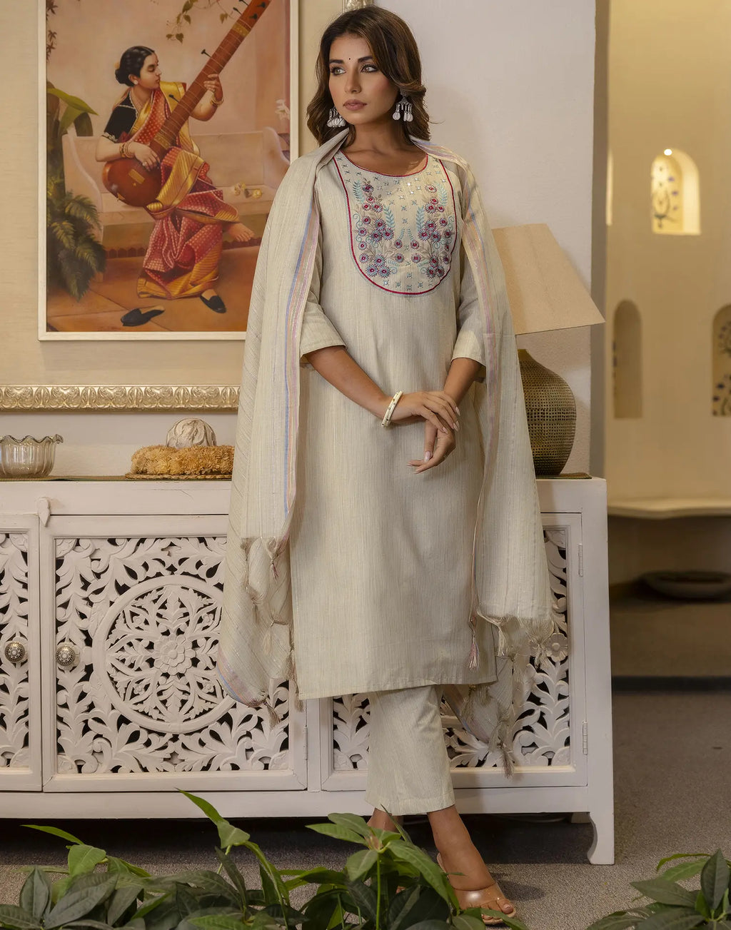 Cotton Woven Embroidered Straight 3 Piece Kurta Set