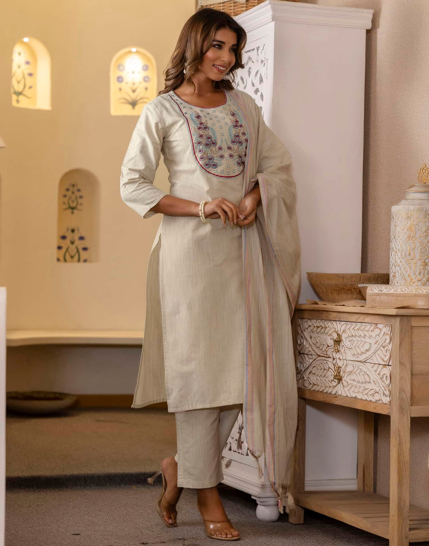 Cotton Woven Design Straight Kurta with Pant & Dupatta