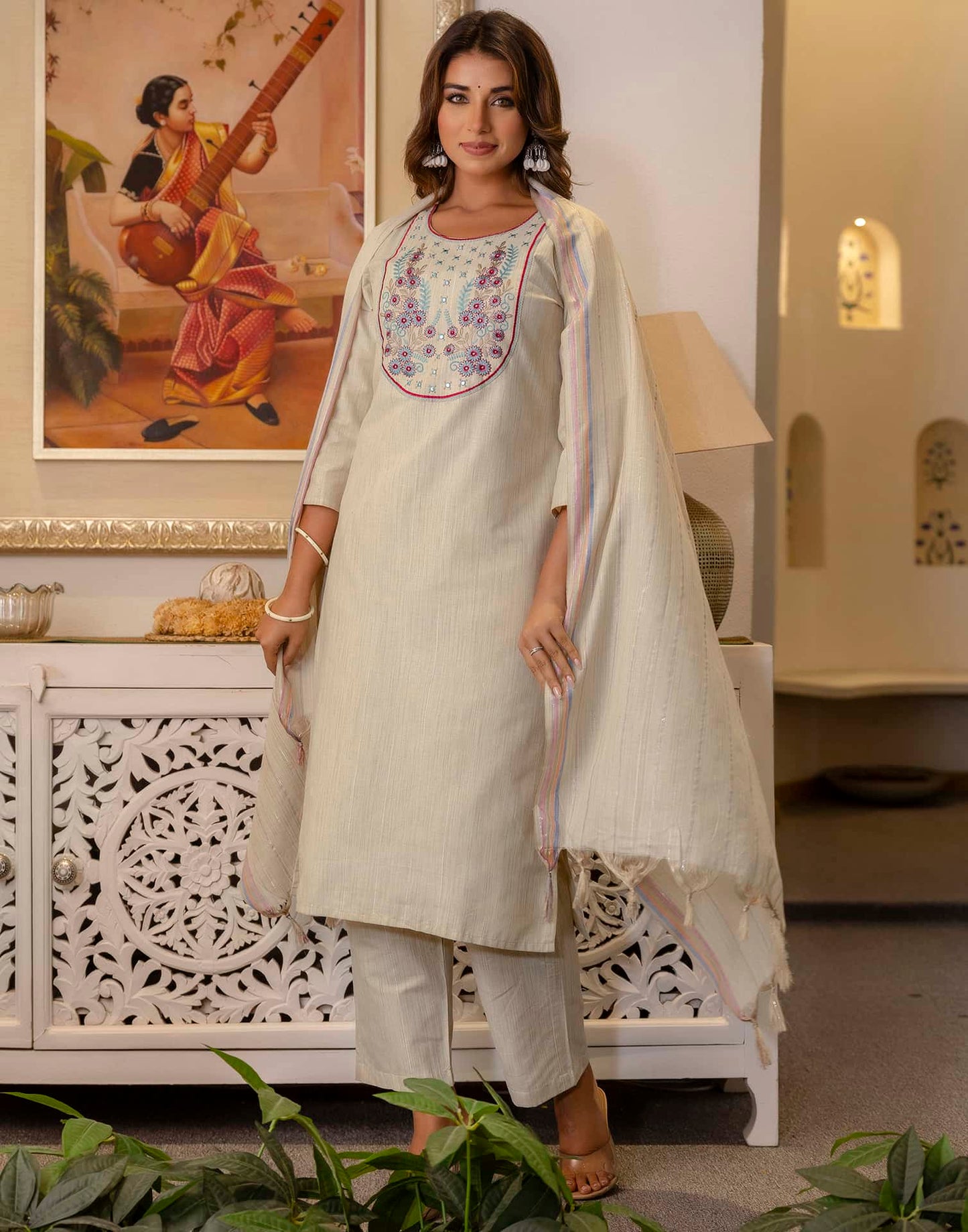 Cotton Woven Design Straight Kurta with Pant & Dupatta