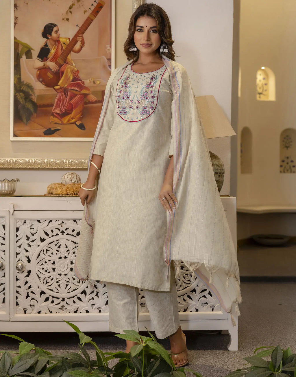 Cotton Woven Embroidered Straight 3 Piece Kurta Set