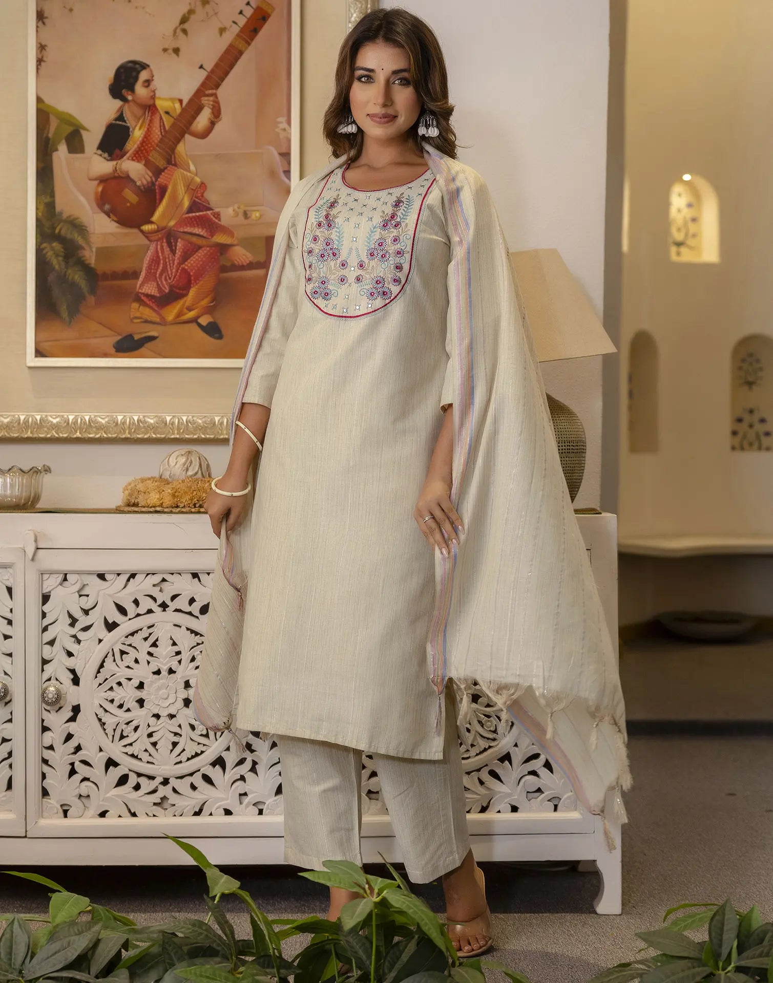 Cotton Woven Embroidered Straight 3 Piece Kurta Set