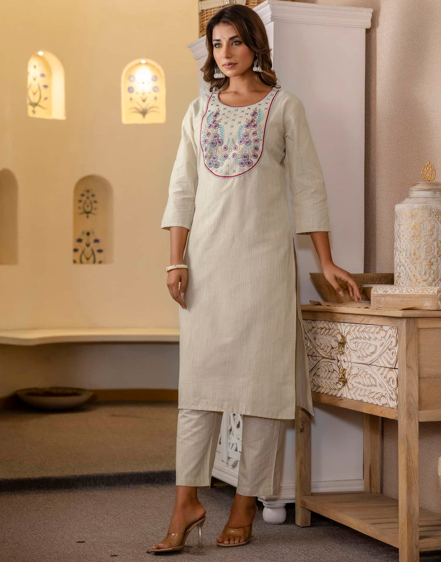 Cotton Woven Design Straight Kurta with Pant & Dupatta