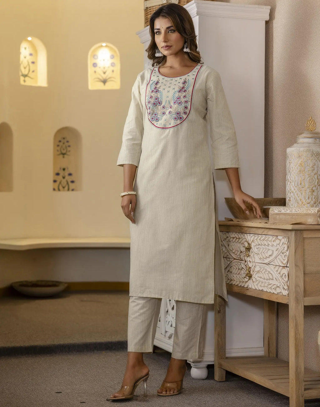 Cotton Woven Embroidered Straight 3 Piece Kurta Set