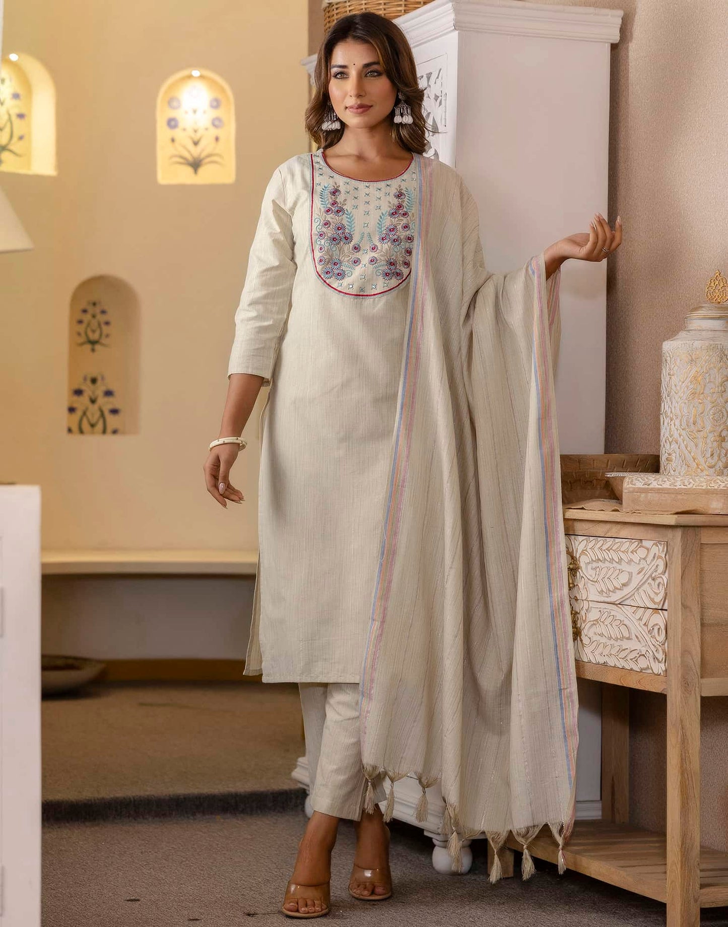 Cotton Woven Design Straight Kurta with Pant & Dupatta