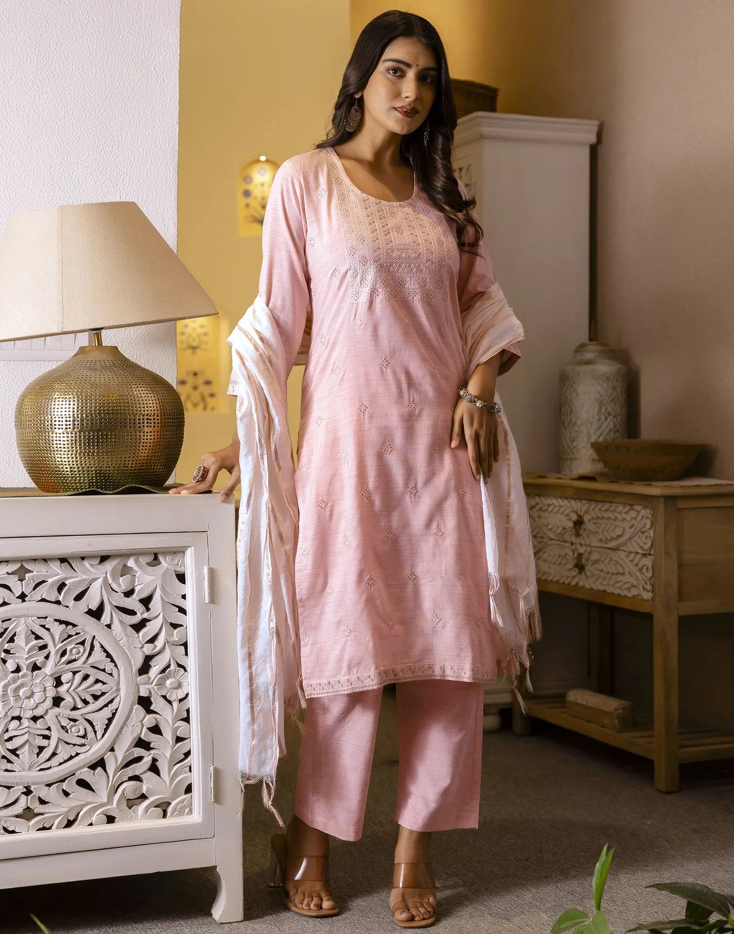 Cotton Woven Embroidered Straight 3 Piece Kurta Set