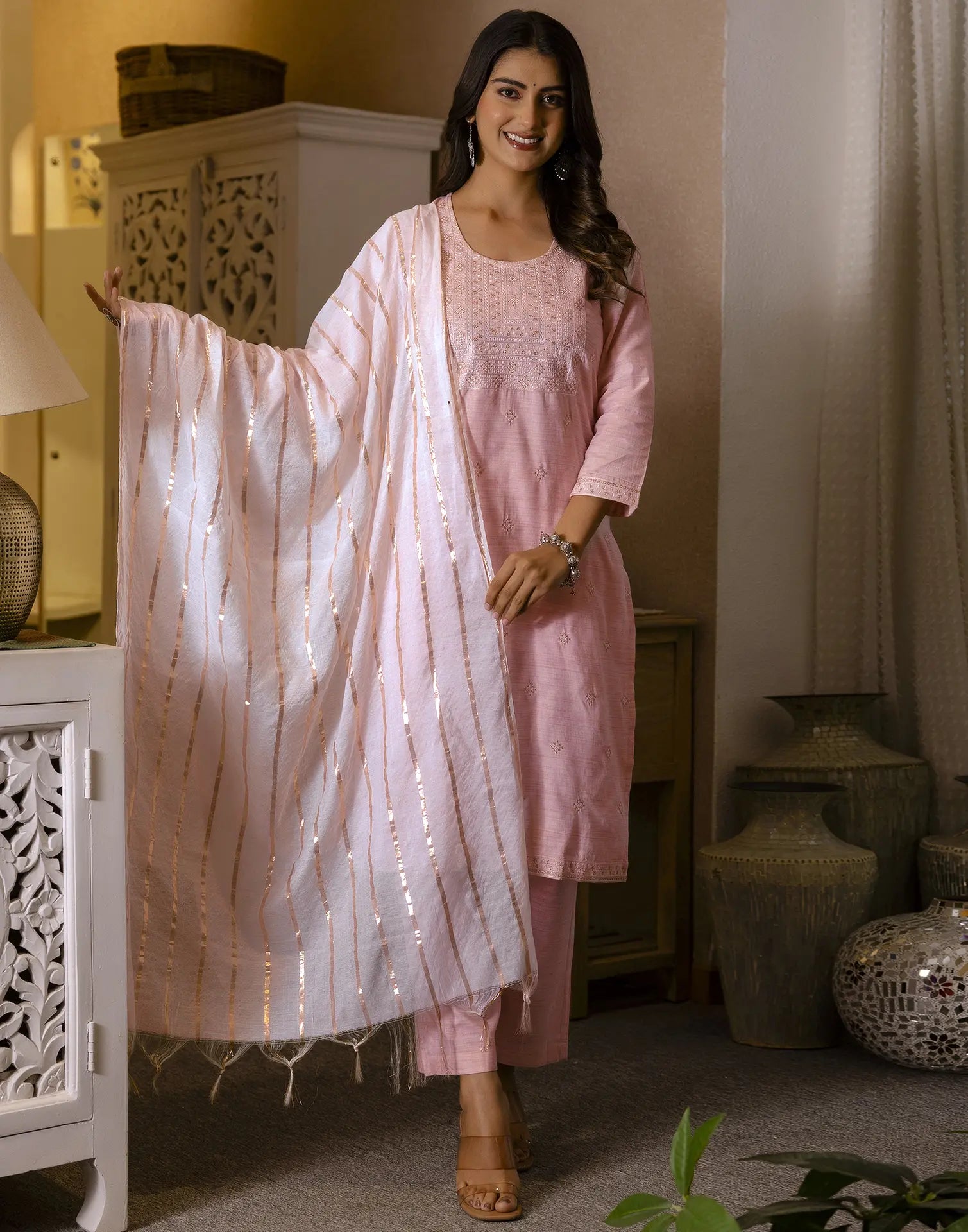 Cotton Woven Embroidered Straight 3 Piece Kurta Set