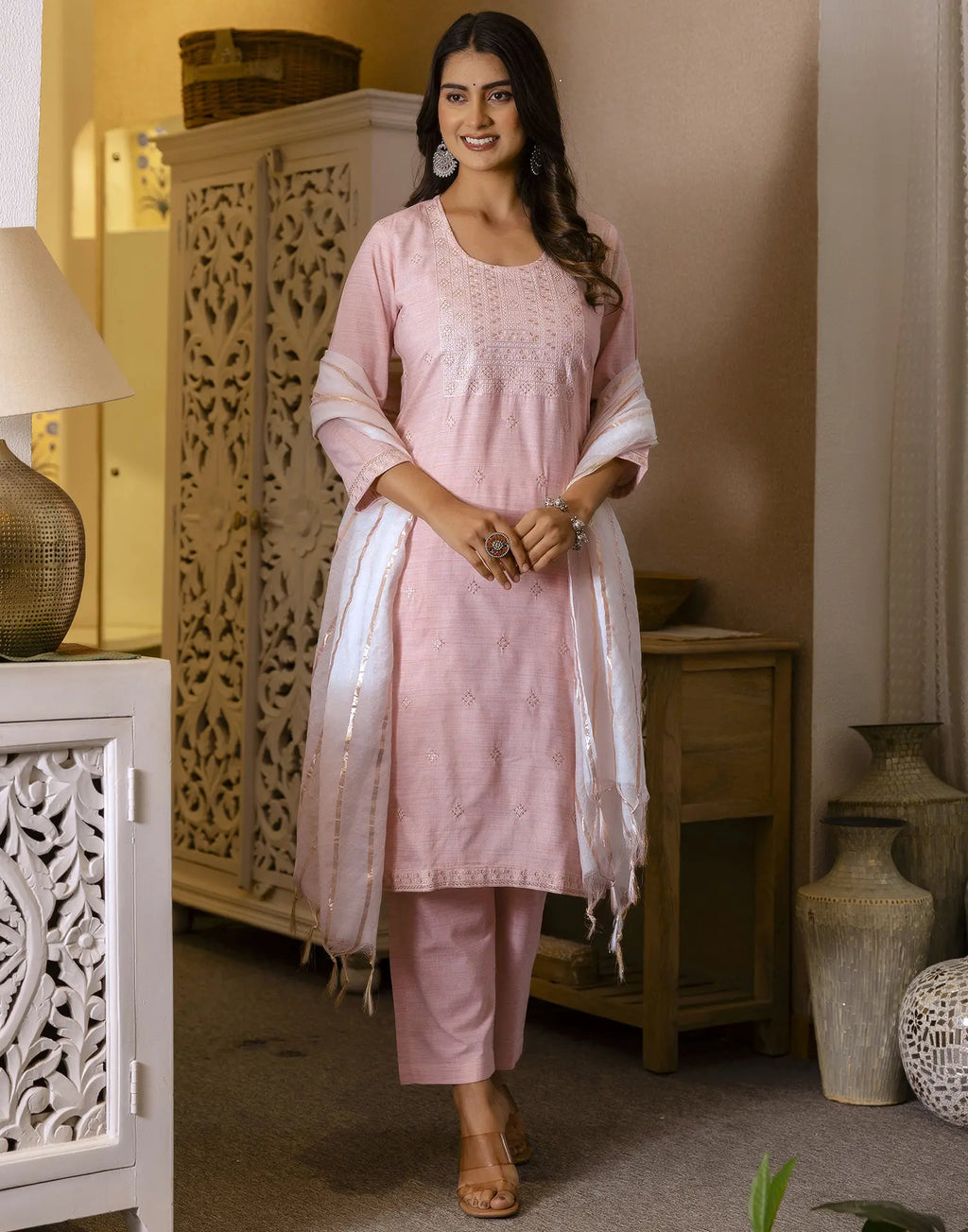 Cotton Woven Embroidered Straight 3 Piece Kurta Set
