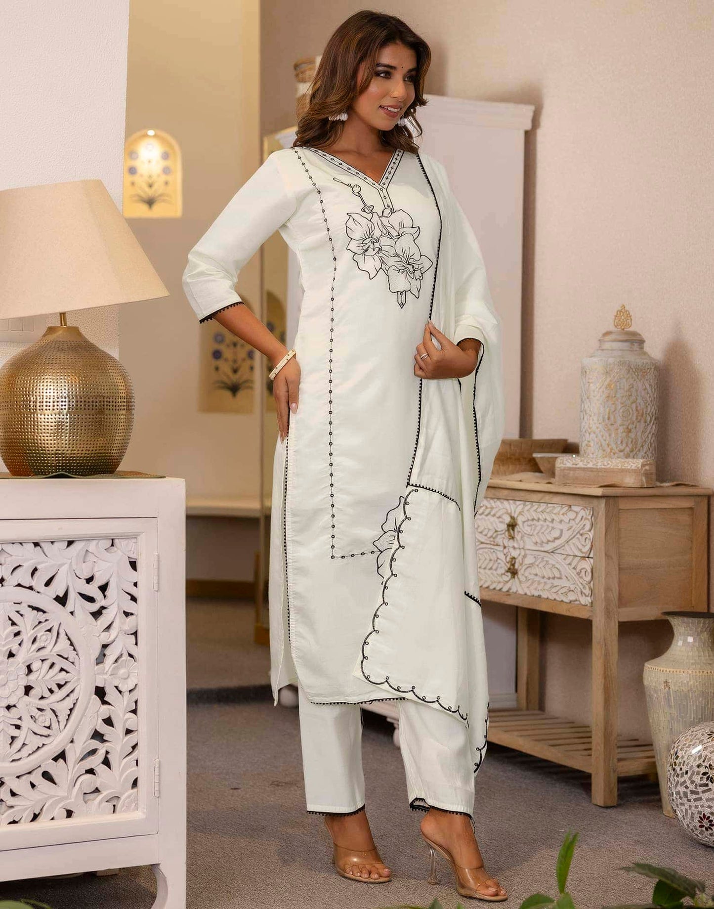 Silk Embroidery and Lace Straight Kurta with Pant & Dupatta