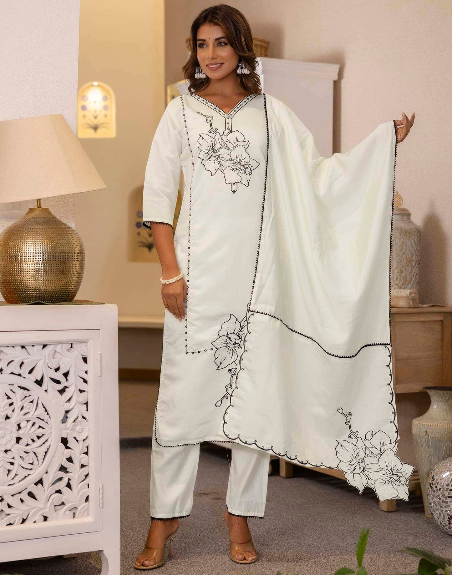 Silk Embroidery and Lace Straight Kurta with Pant & Dupatta