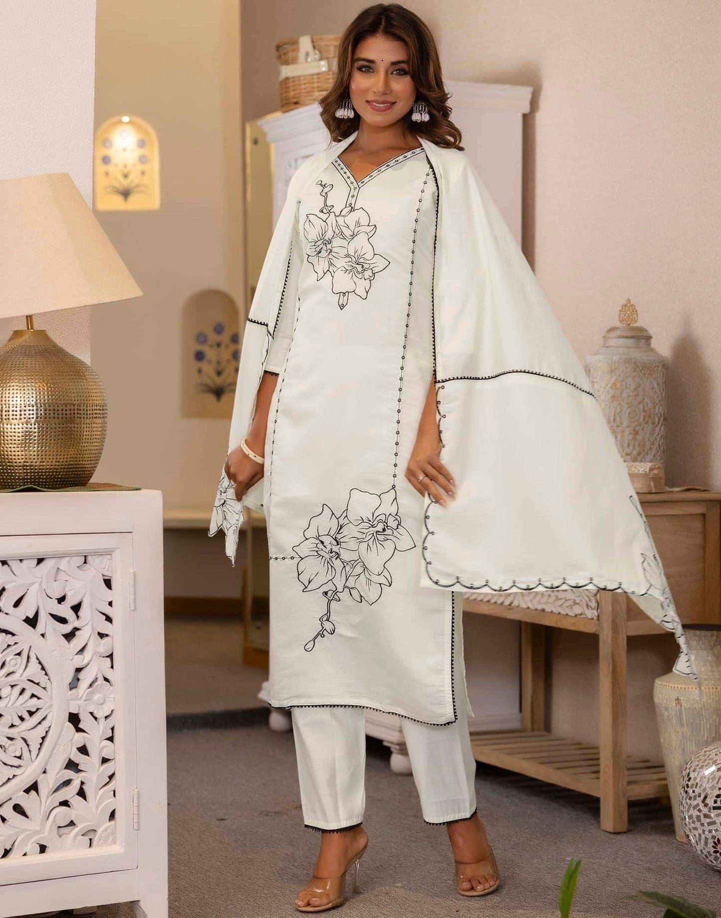 Silk Embroidery and Lace Straight Kurta with Pant & Dupatta