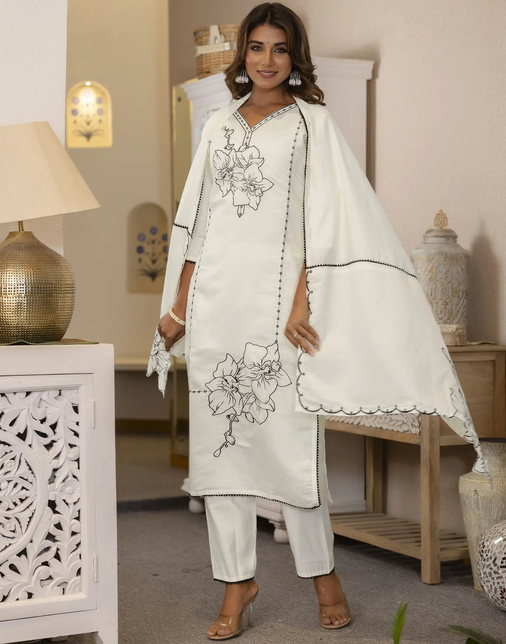 Silk Blend Embroidered Straight 3 Piece Kurta Set