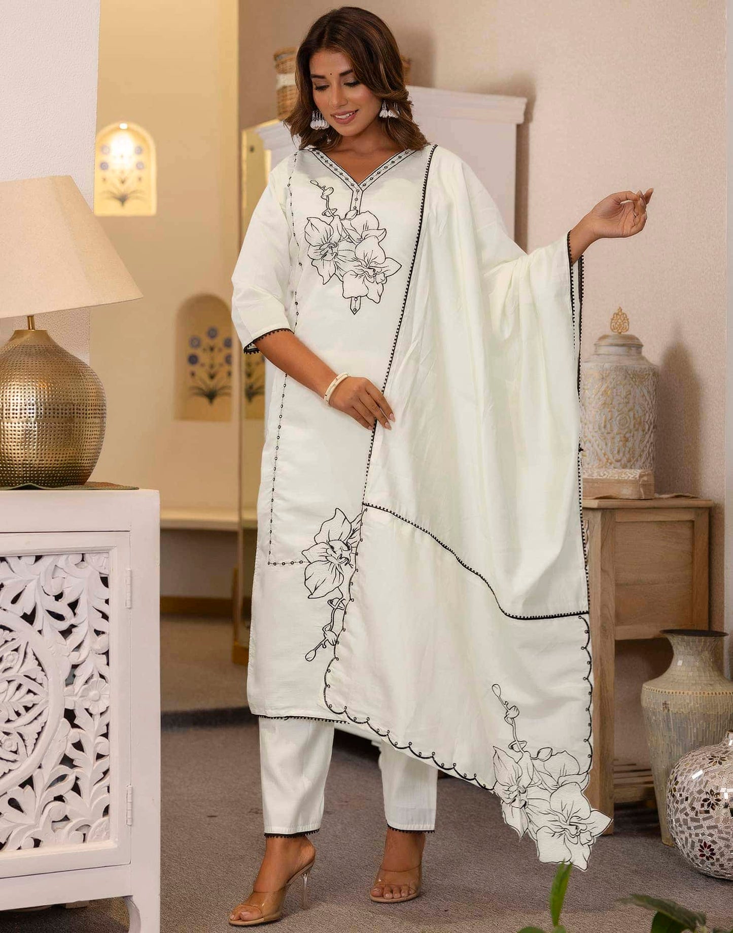 Silk Embroidery and Lace Straight Kurta with Pant & Dupatta