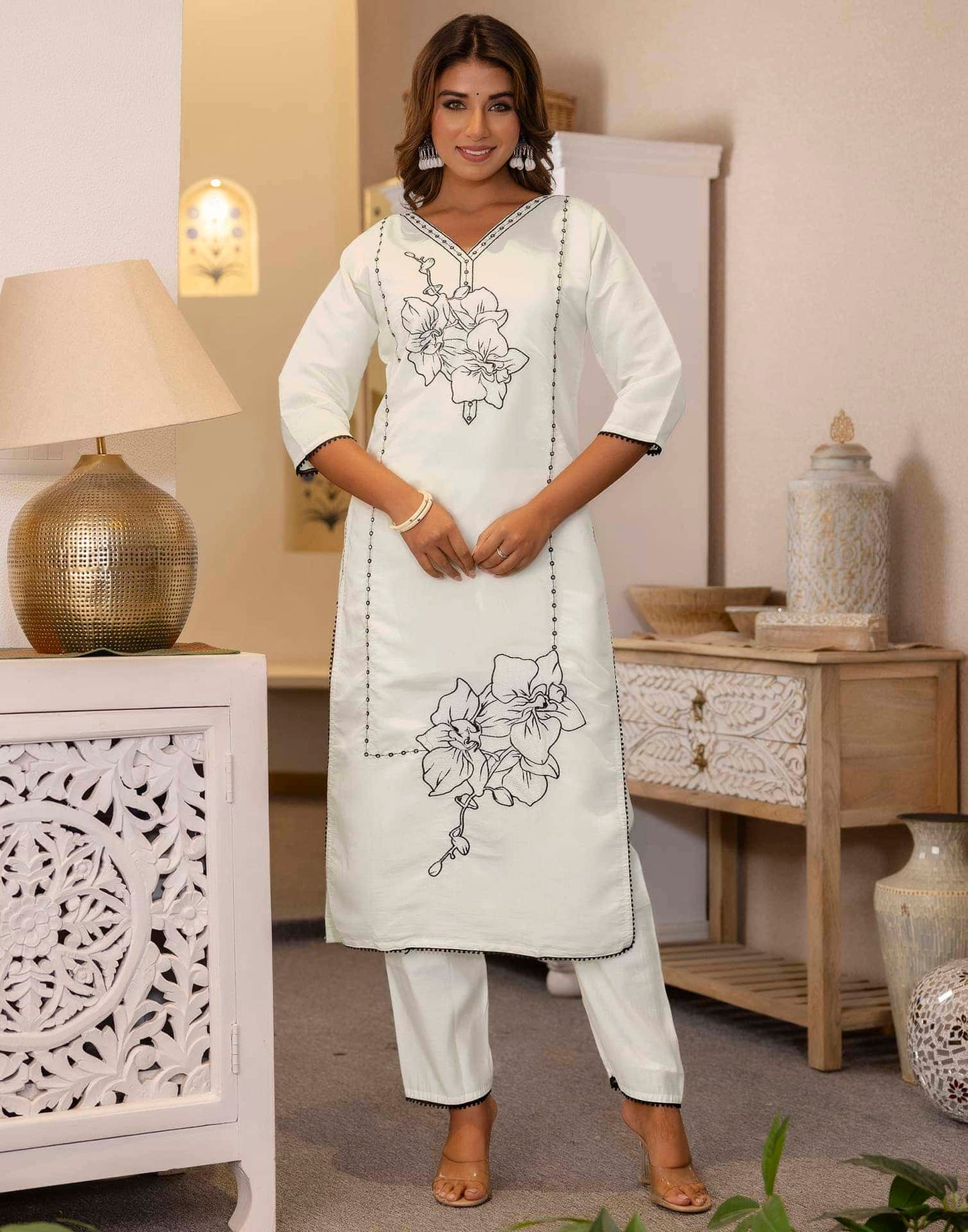 Silk Embroidery and Lace Straight Kurta with Pant & Dupatta