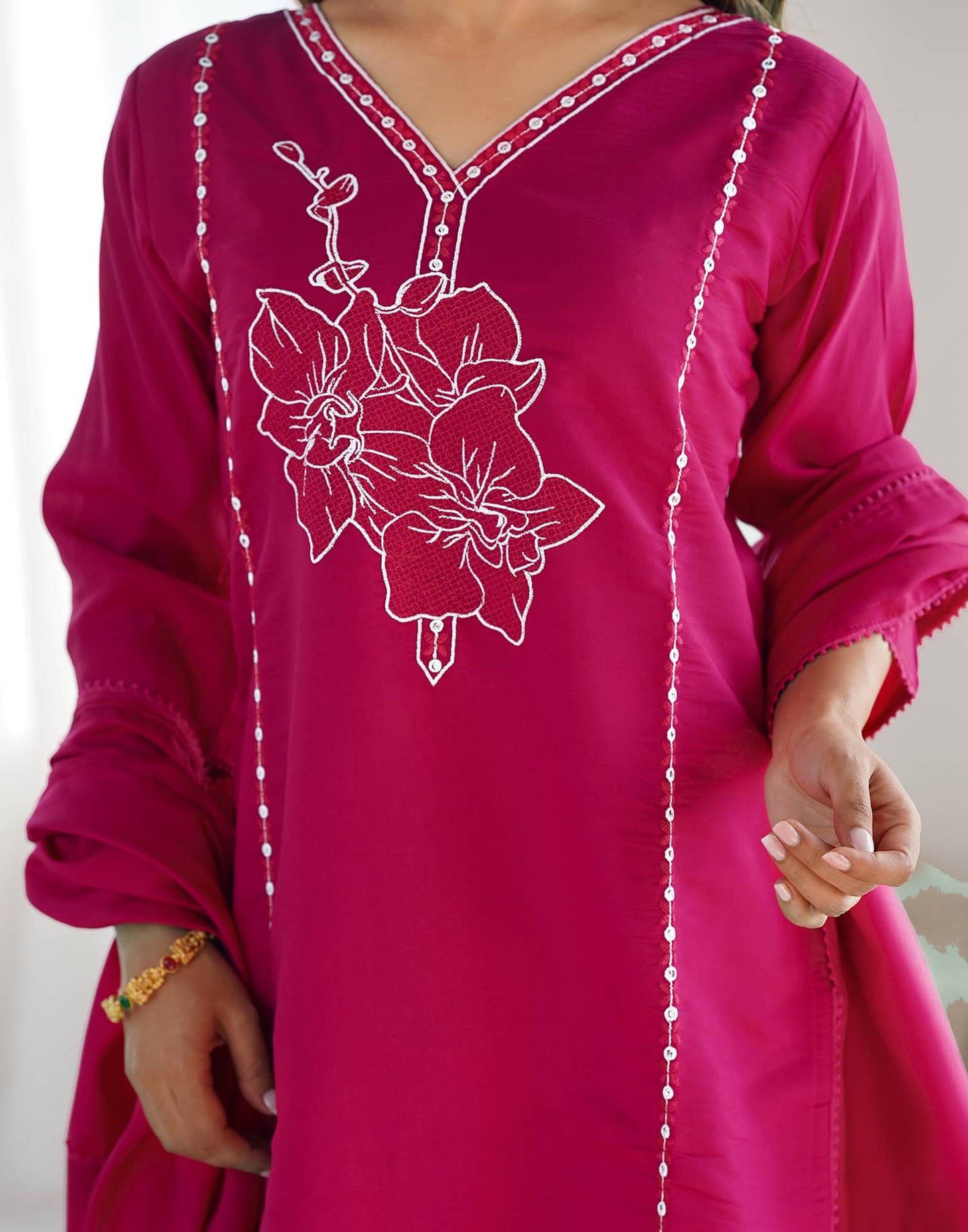 Silk Embroidery and Lace Straight Kurta with Pant & Dupatta