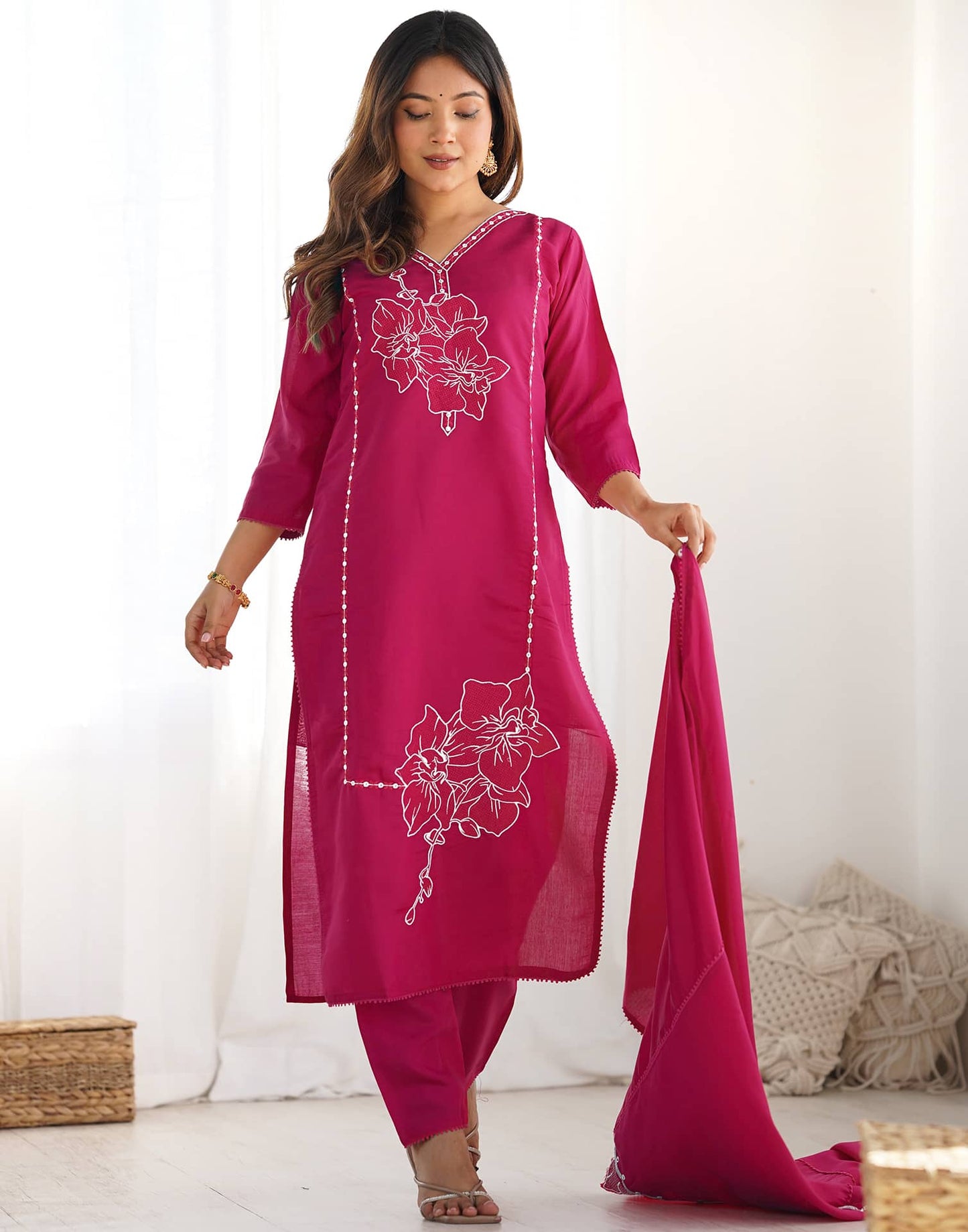 Silk Embroidery and Lace Straight Kurta with Pant & Dupatta
