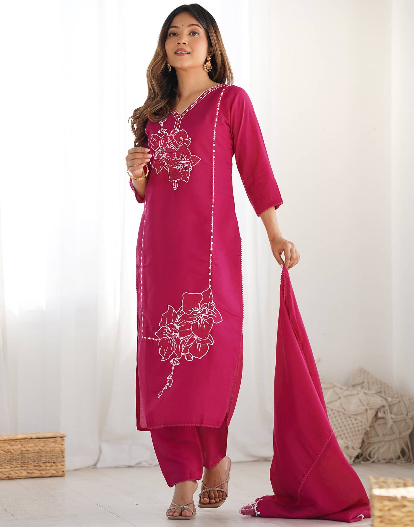 Silk Embroidery and Lace Straight Kurta with Pant & Dupatta