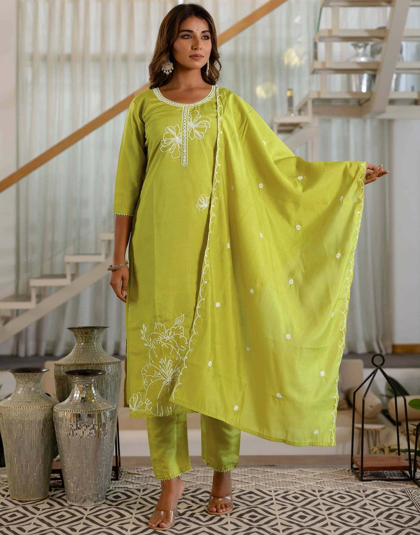Silk Embroidery and Lace Straight Kurta with Pant & Dupatta