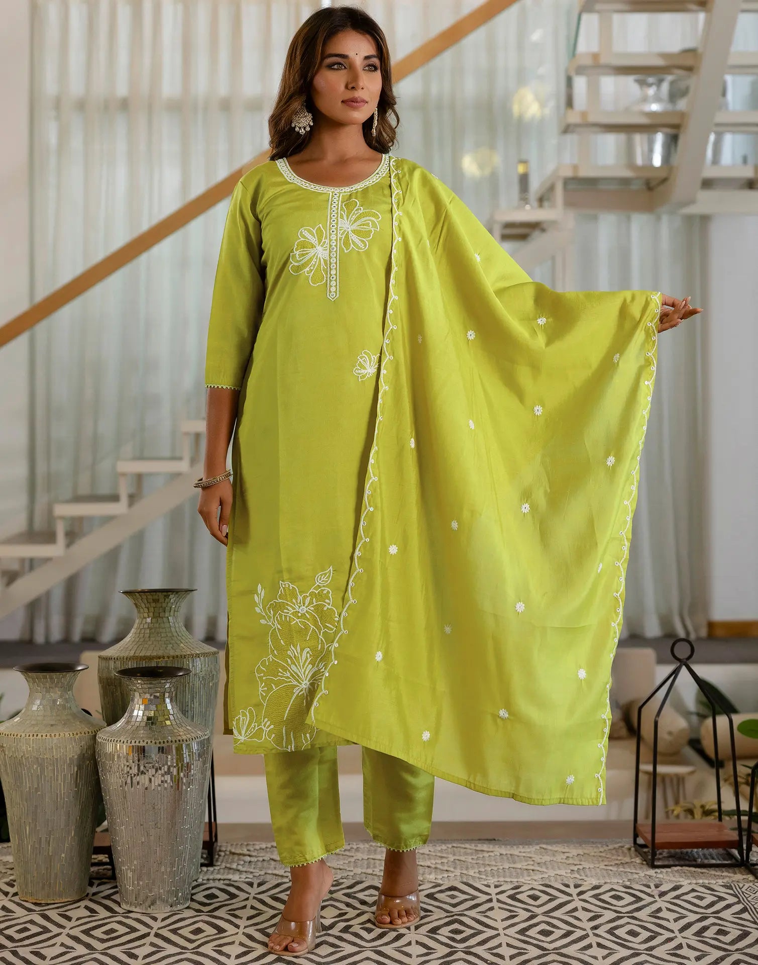 Silk Blend Embroidered Straight 3 Piece Kurta Set
