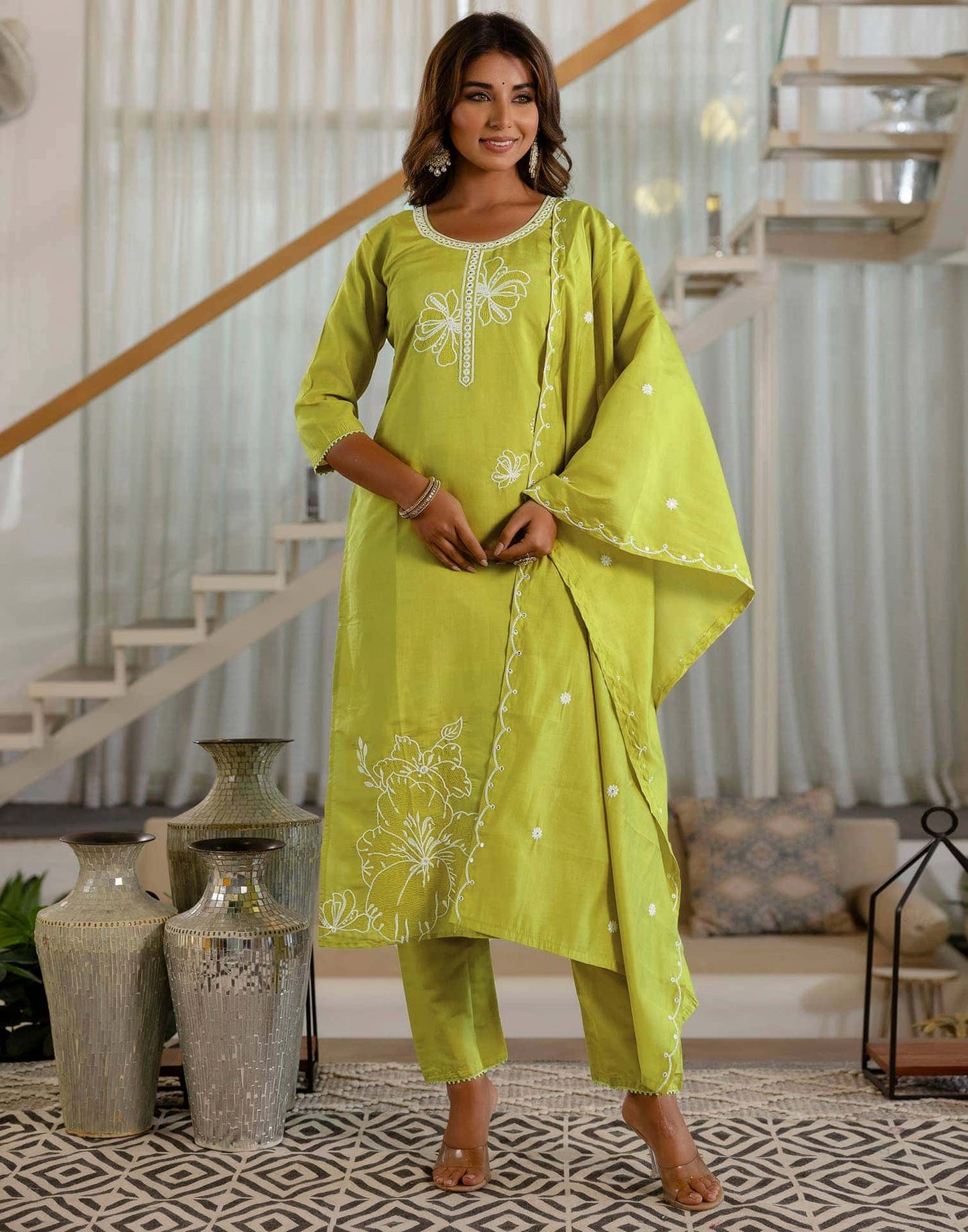 Silk Embroidery and Lace Straight Kurta with Pant & Dupatta