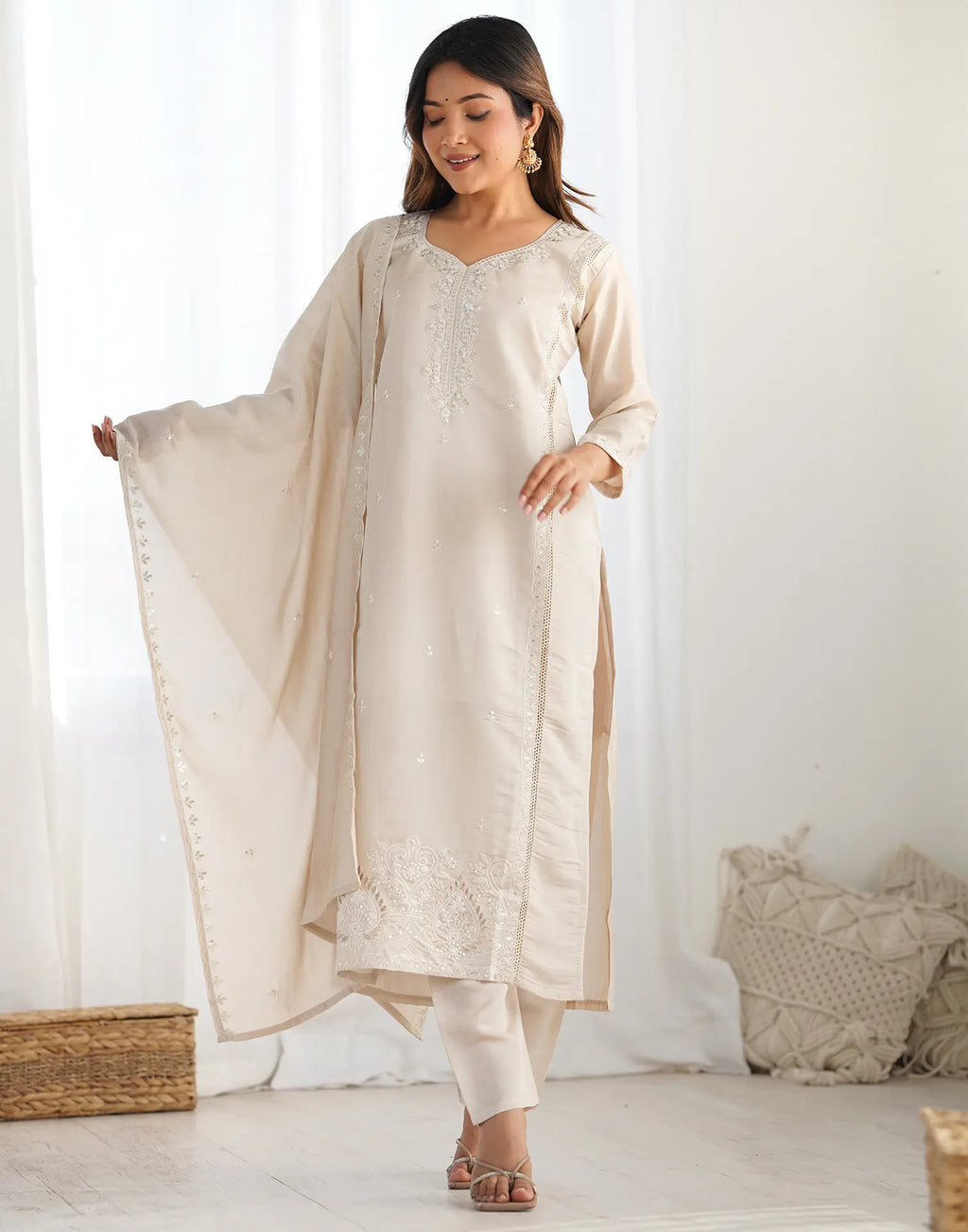 Silk Blend Embroidered Straight 3 Piece Kurta Set