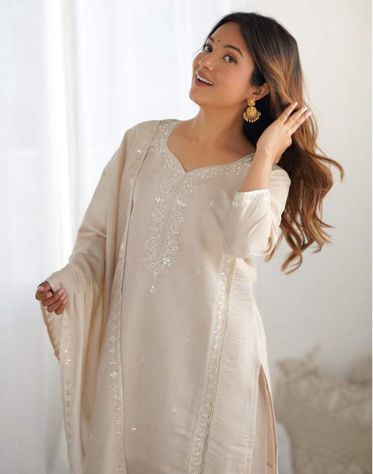 Beige Silk Sequence Sweetheart Neck 3/4 Sleeve Straight Kurta Set With Pant & Dupatta