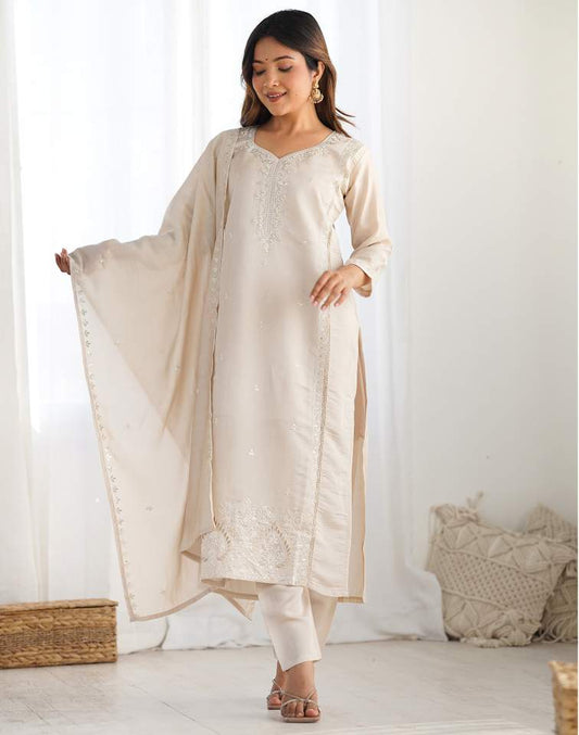 Beige Silk Sequence Sweetheart Neck 3/4 Sleeve Straight Kurta Set With Pant & Dupatta