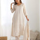 Beige Silk Sequence Sweetheart Neck 3/4 Sleeve Straight Kurta Set With Pant & Dupatta