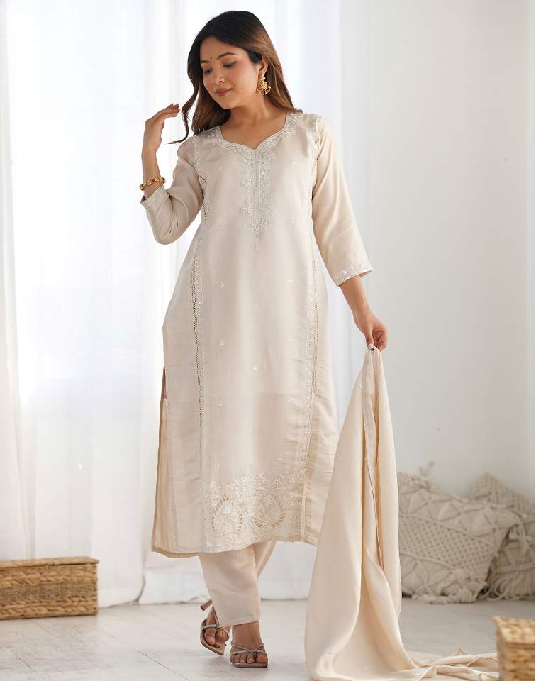 Beige Silk Sequence Sweetheart Neck 3/4 Sleeve Straight Kurta Set With Pant & Dupatta