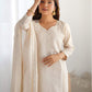 Beige Silk Sequence Sweetheart Neck 3/4 Sleeve Straight Kurta Set With Pant & Dupatta