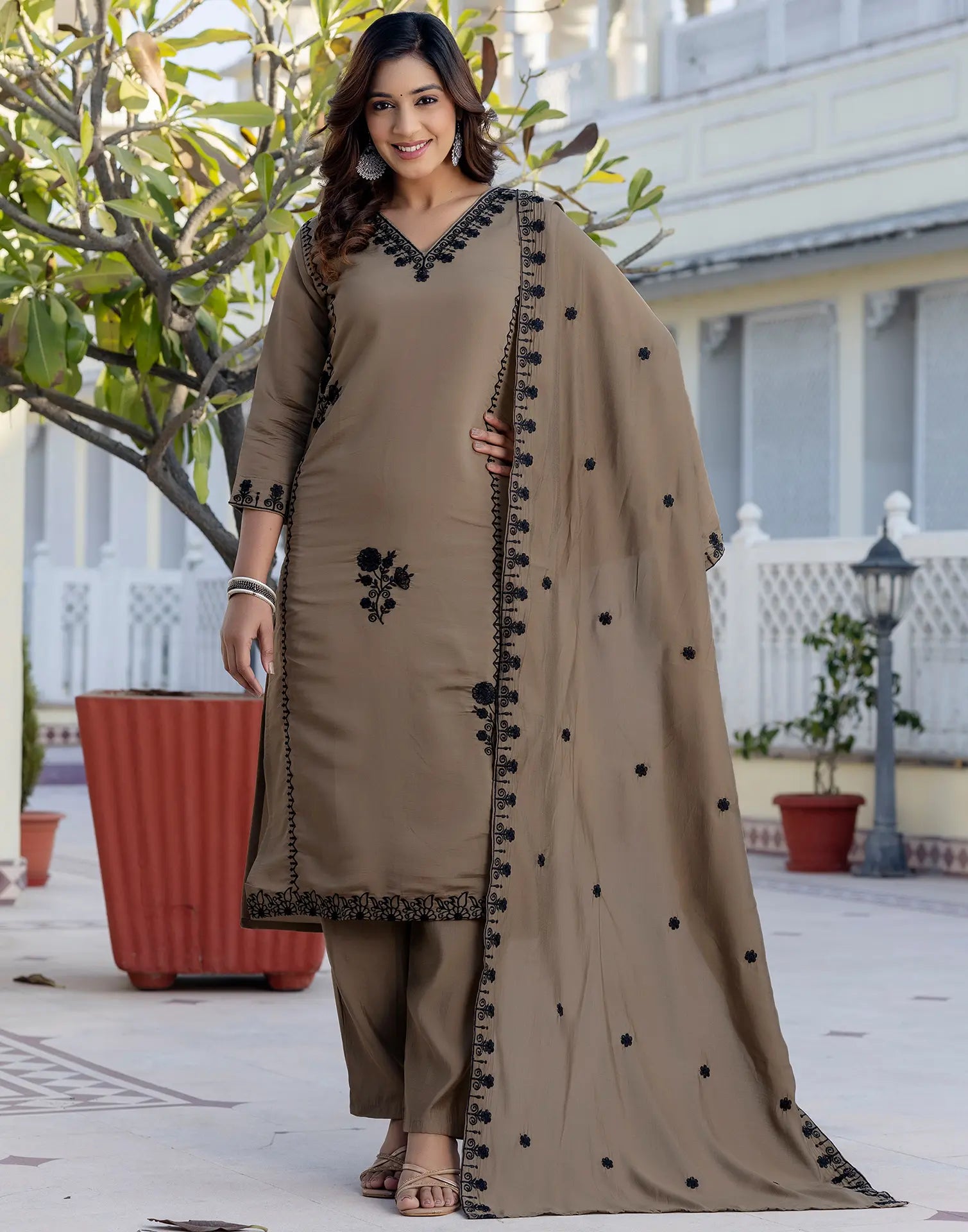 Silk Blend Embroidered Straight 3 Piece Kurta Set