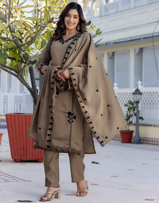 Dark Beige Silk Embroidered V Neck 3/4 Sleeve Straight Kurta Set With Pant & Dupatta