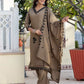 Dark Beige Silk Embroidered V Neck 3/4 Sleeve Straight Kurta Set With Pant & Dupatta