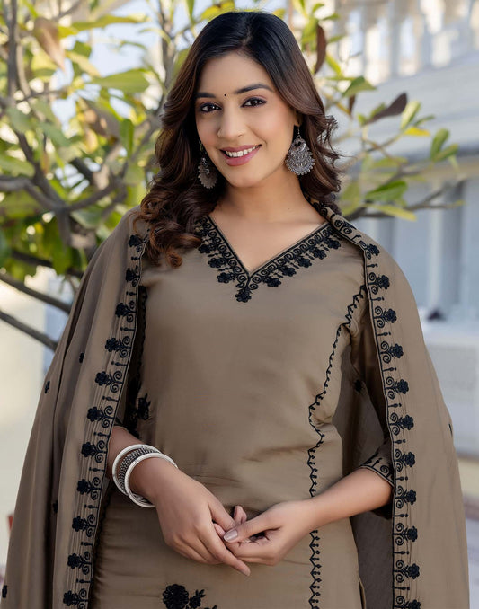 Dark Beige Silk Embroidered V Neck 3/4 Sleeve Straight Kurta Set With Pant & Dupatta