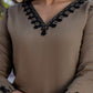 Dark Beige Silk Embroidered V Neck 3/4 Sleeve Straight Kurta Set With Pant & Dupatta