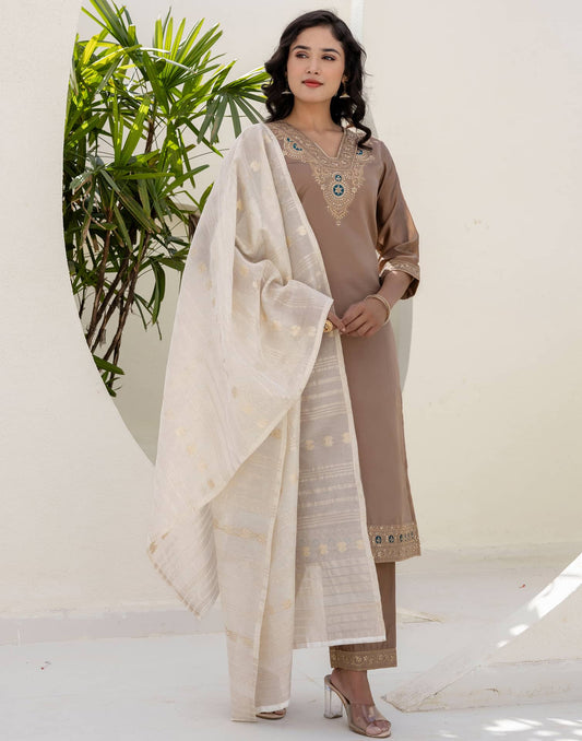 Silk Embroidered Straight Kurta with Pant & Dupatta