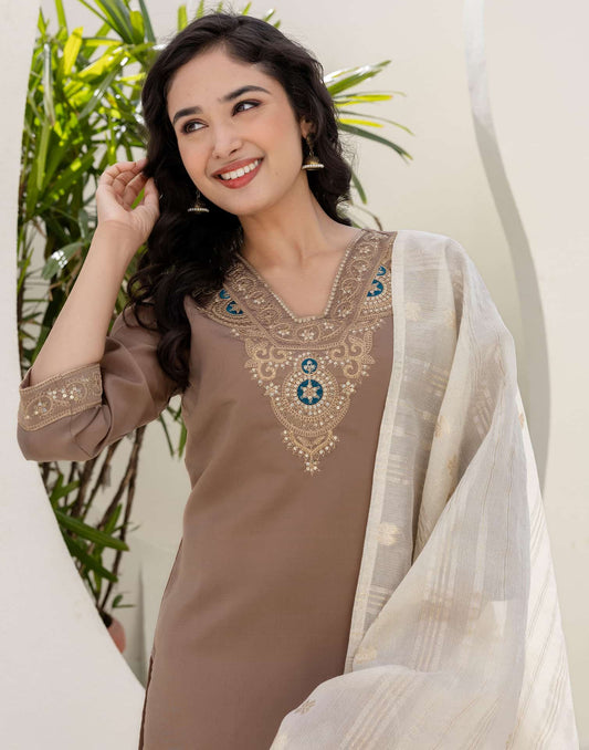 Silk Embroidered Straight Kurta with Pant & Dupatta