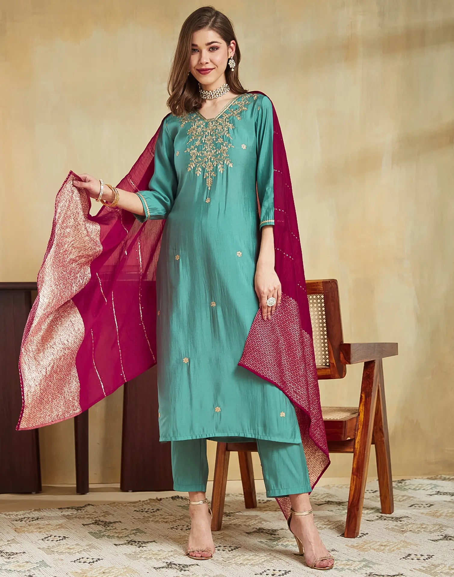 Silk Blend Embroidered Straight 3 Piece Kurta Set