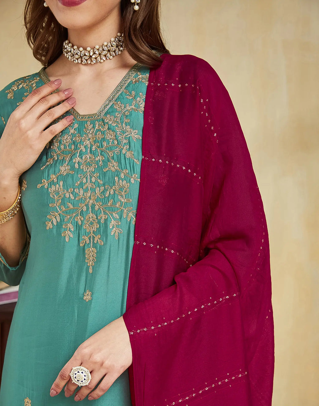 Silk Blend Embroidered Straight 3 Piece Kurta Set