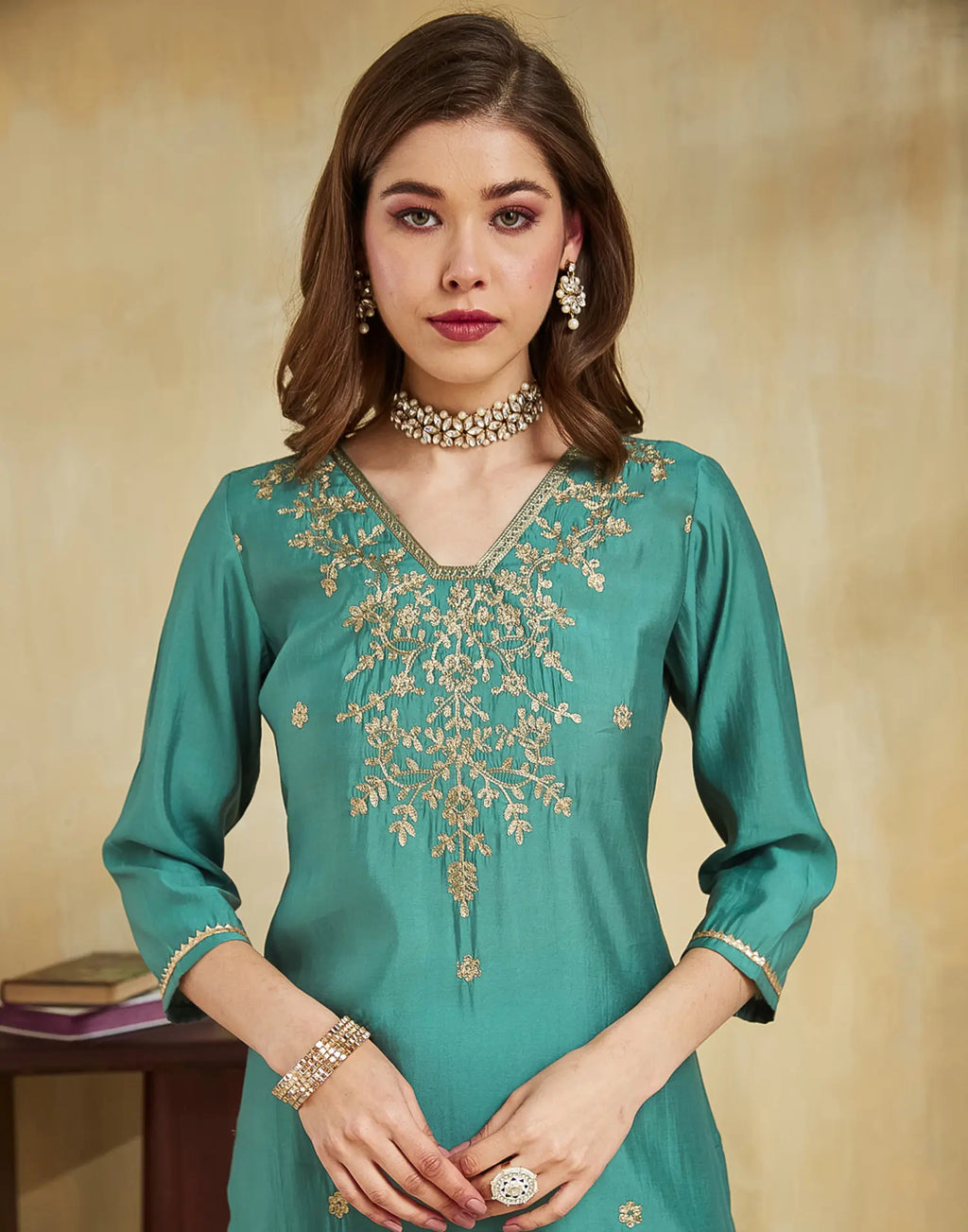 Silk Blend Embroidered Straight 3 Piece Kurta Set