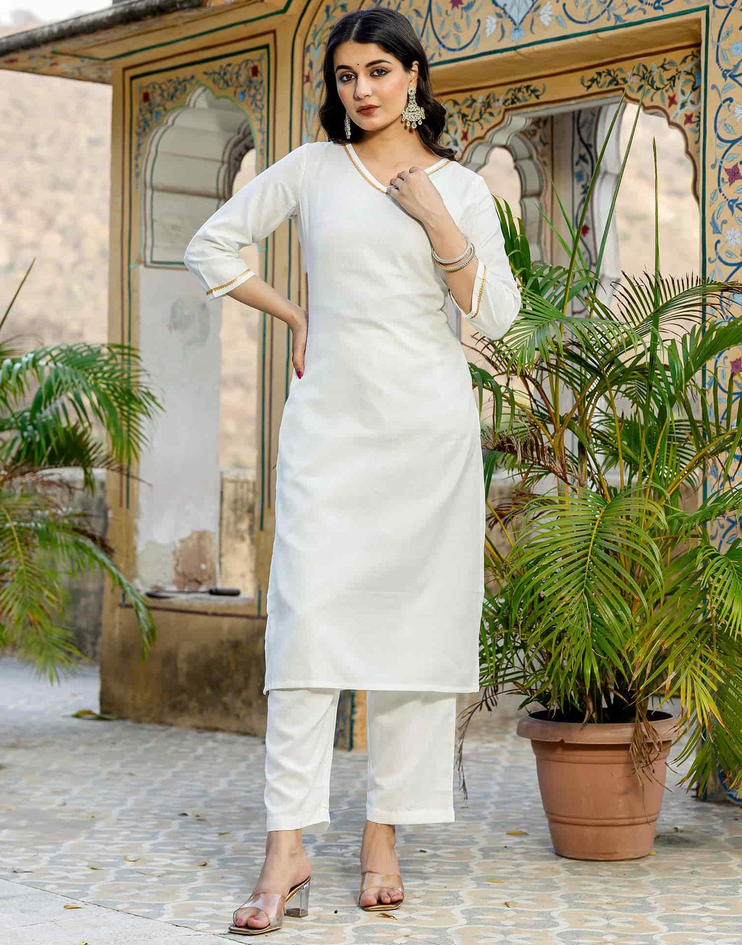 Cotton Blend Gota Lace Straight Kurta with Pant & Dupatta