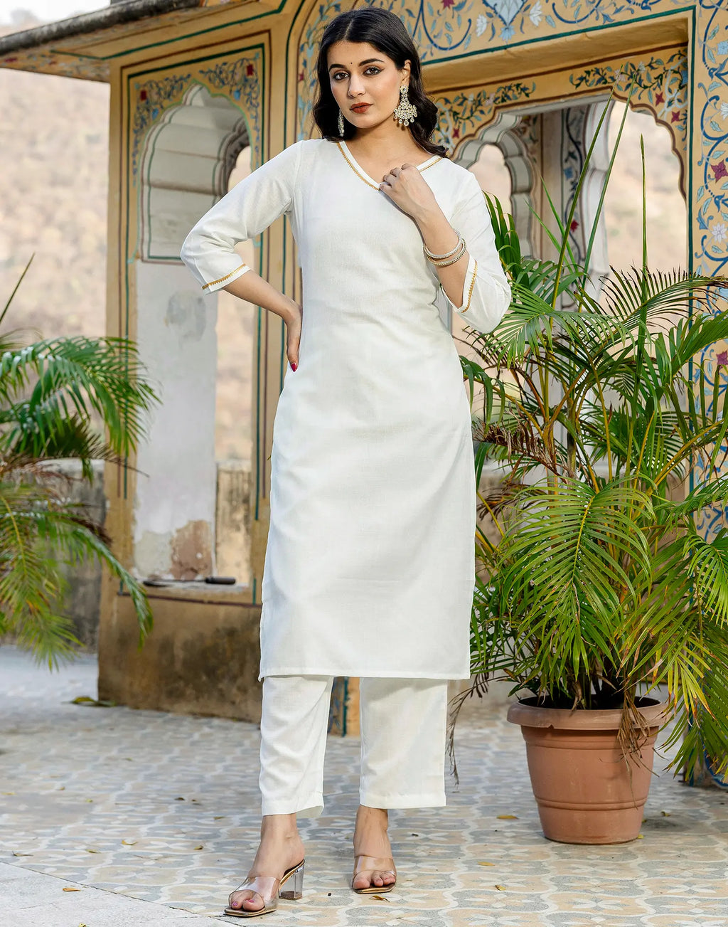 Cotton Blend Gota Lace Straight 3 Piece Kurta Set